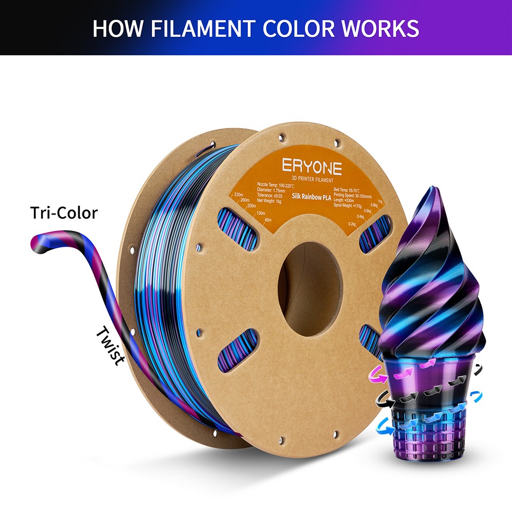 ERYONE Silk Twist Rainbow PLA Filament 1kg - Obsidian Black