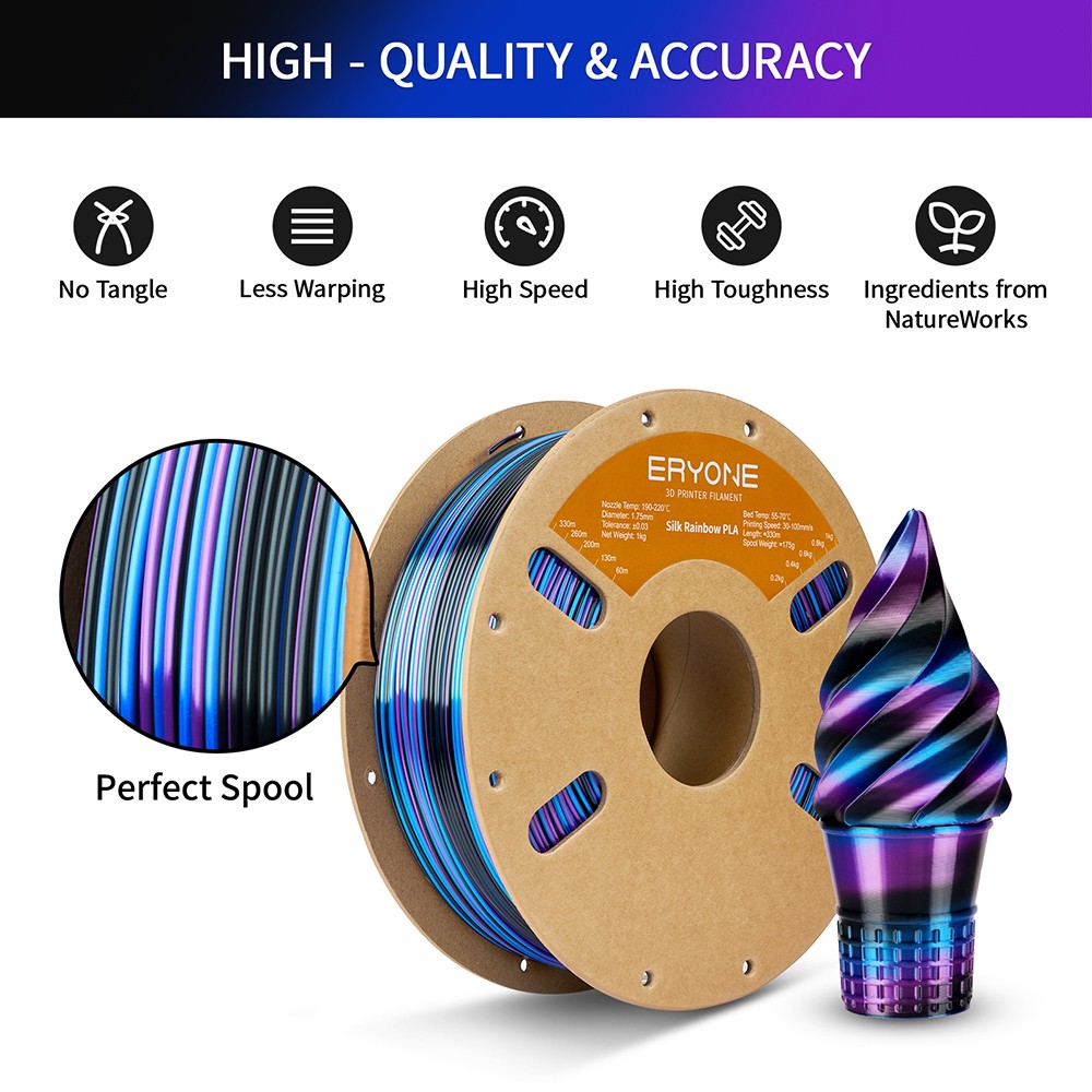 ERYONE Silk Twist Rainbow PLA Filament 1kg - Obsidian Black