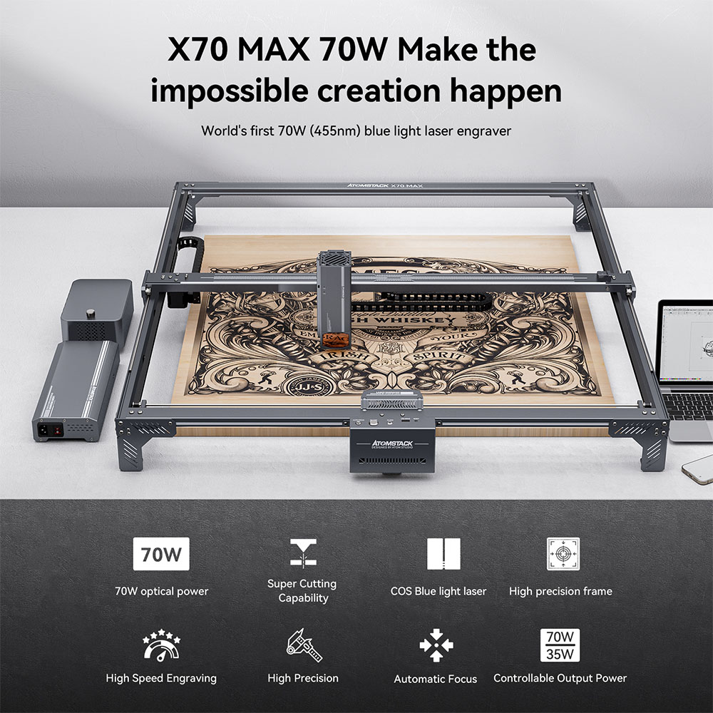 AtomStack X70 Max 70W Laser Engraver 0 02mm Accuracy Auto Focus 800x850mm