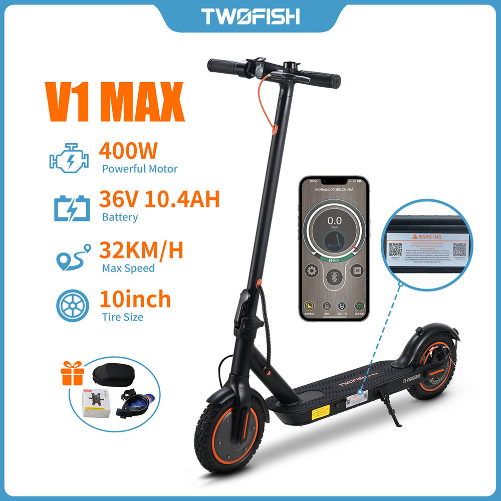 TWOFISH V1 MAX Electric Scooter 400W Motor 36V 10 4Ah Battery 10 inch Tires 32km/h Max Speed 25km Range Rear Disc Brake