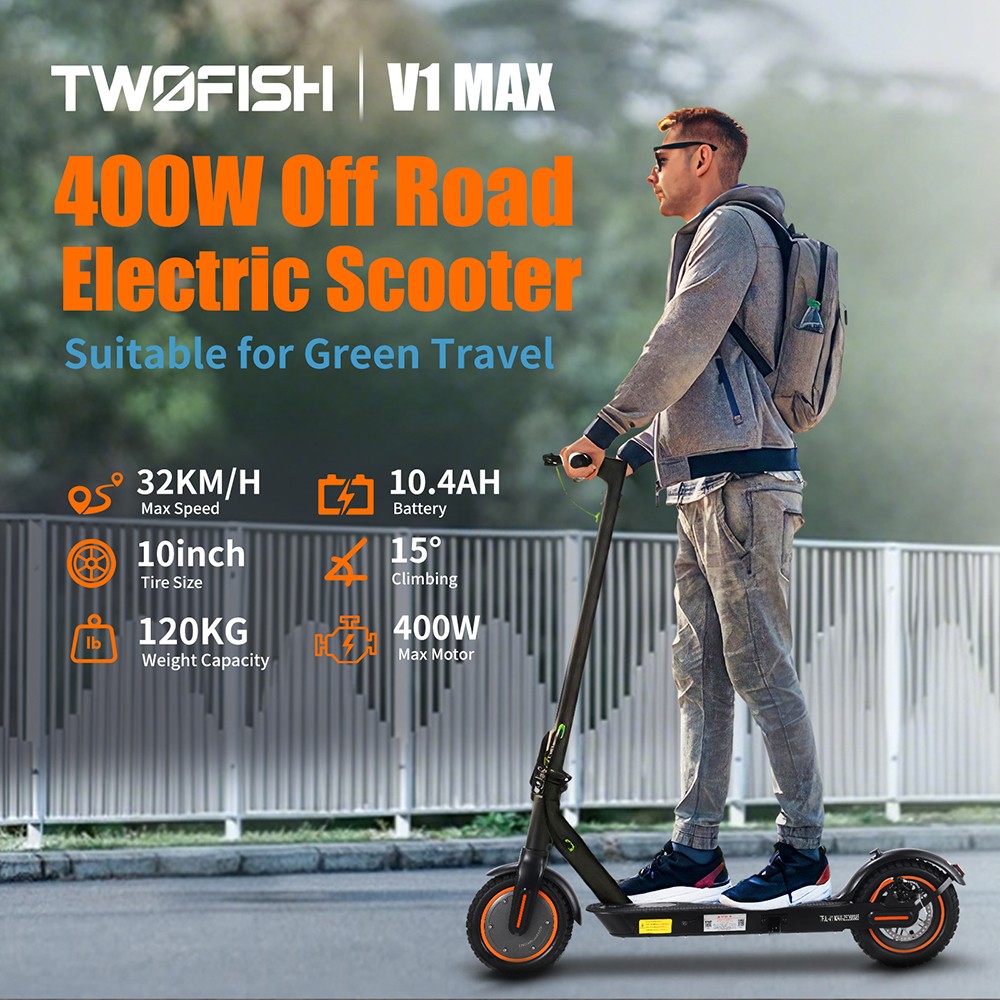 TWOFISH V1 MAX Electric Scooter 400W Motor 36V 10 4Ah Battery 10 inch Tires 32km/h Max Speed 25km Range Rear Disc Brake