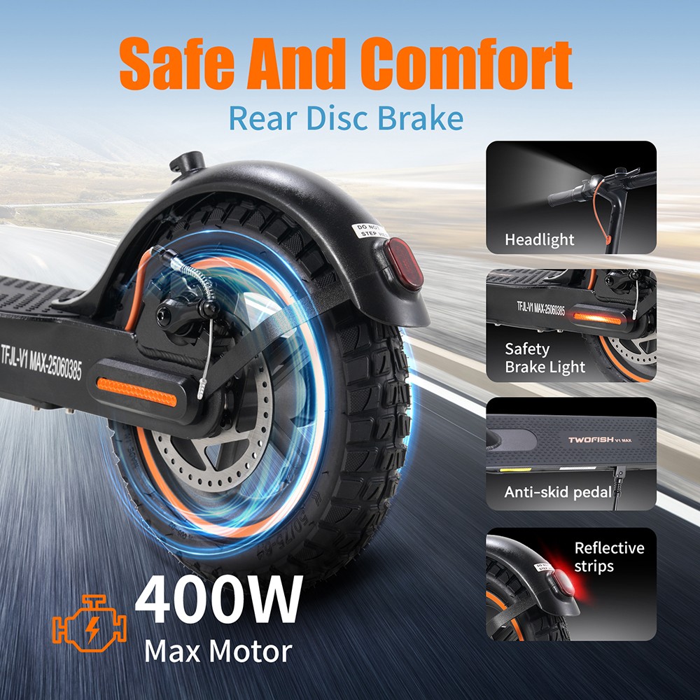 TWOFISH V1 MAX Electric Scooter 400W Motor 36V 10 4Ah Battery 10 inch Tires 32km/h Max Speed 25km Range Rear Disc Brake
