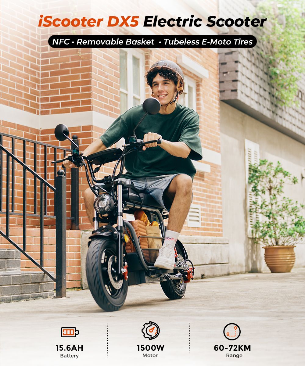 iScooter DX5 Electric Scooter  1500W Motor  48V 15 6Ah Battery  15 inch Tubeless Tires  55km/h Max Speed  72km Range  Front