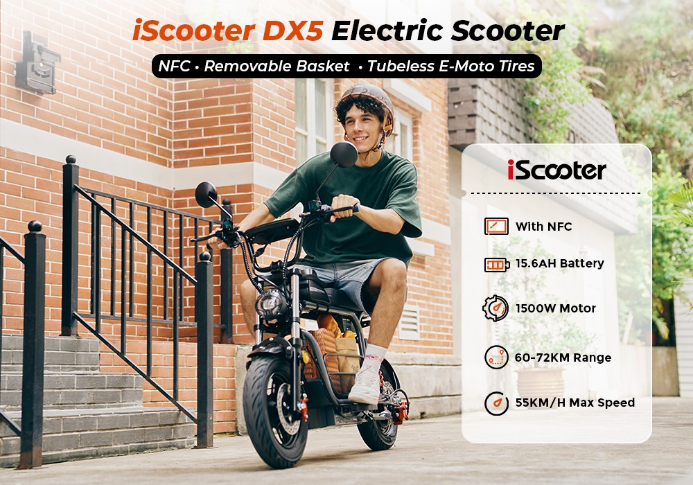 iScooter DX5 Electric Scooter  1500W Motor  48V 15 6Ah Battery  15 inch Tubeless Tires  55km/h Max Speed  72km Range  Front