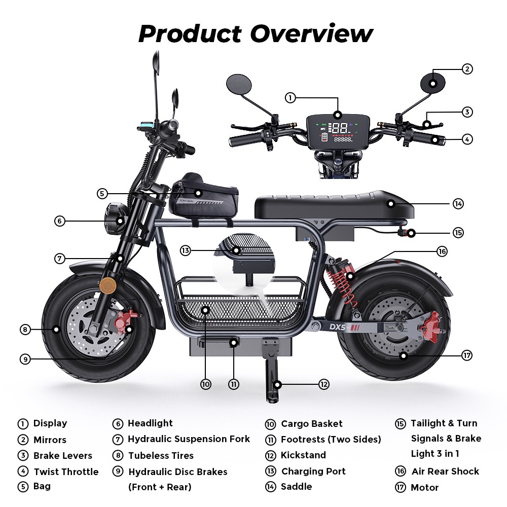 iScooter DX5 Electric Scooter  1500W Motor  48V 15 6Ah Battery  15 inch Tubeless Tires  55km/h Max Speed  72km Range  Front