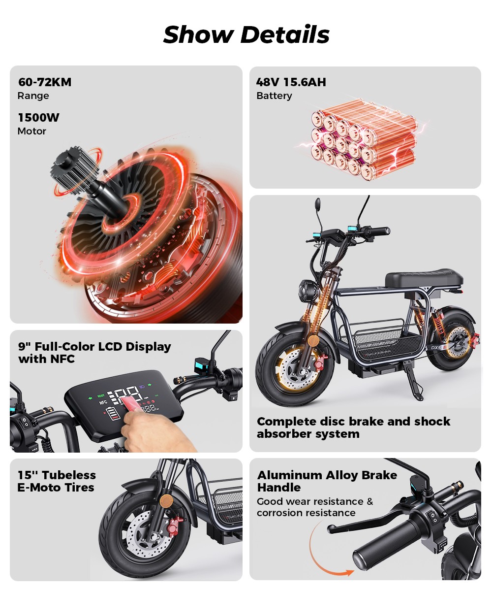 iScooter DX5 Electric Scooter  1500W Motor  48V 15 6Ah Battery  15 inch Tubeless Tires  55km/h Max Speed  72km Range  Front