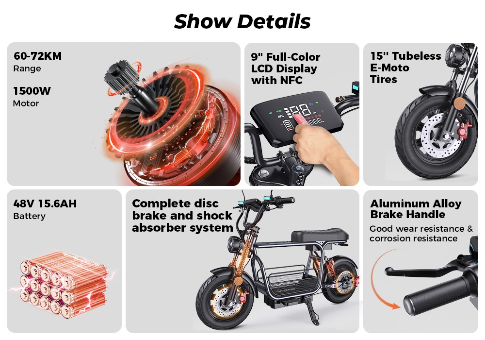 iScooter DX5 Electric Scooter  1500W Motor  48V 15 6Ah Battery  15 inch Tubeless Tires  55km/h Max Speed  72km Range  Front