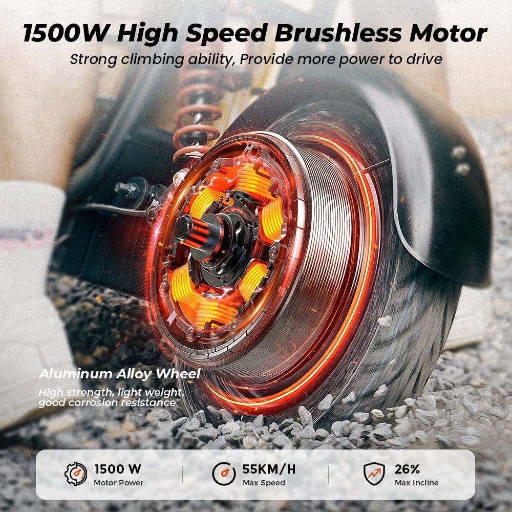 iScooter DX5 Electric Scooter  1500W Motor  48V 15 6Ah Battery  15 inch Tubeless Tires  55km/h Max Speed  72km Range  Front