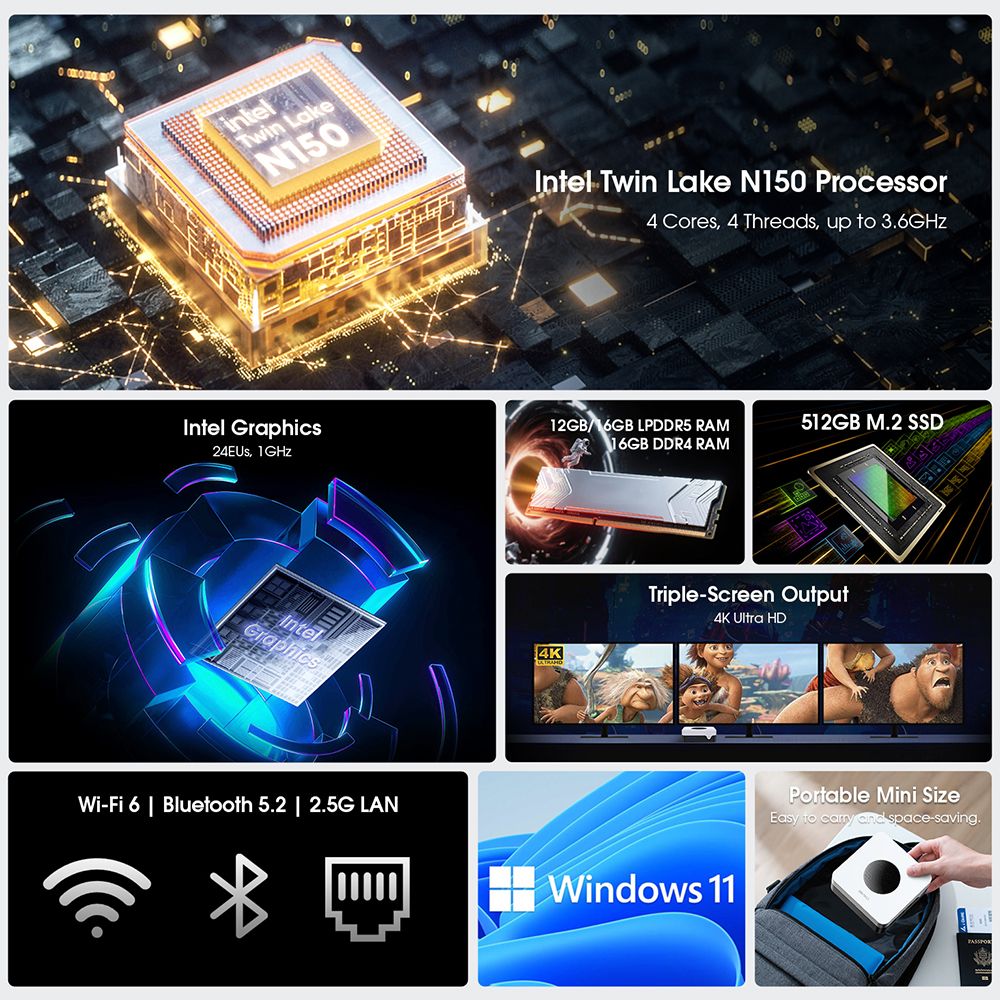 CHUWI LarkBox X Mini PC Intel N150 4 Cores Max 3 6GHz 16GB RAM 512GB SSD Type-C HDMI DP 4K Triple Display WiFi 6 Blueto