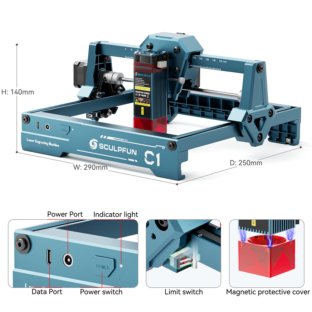 SCULPFUN C1 3W Mini Laser Engraver 10000mm/min Engraving Area 150*130mm 0 04mm Ultra-Fine Compressed Spot 100nm-500nm Effec