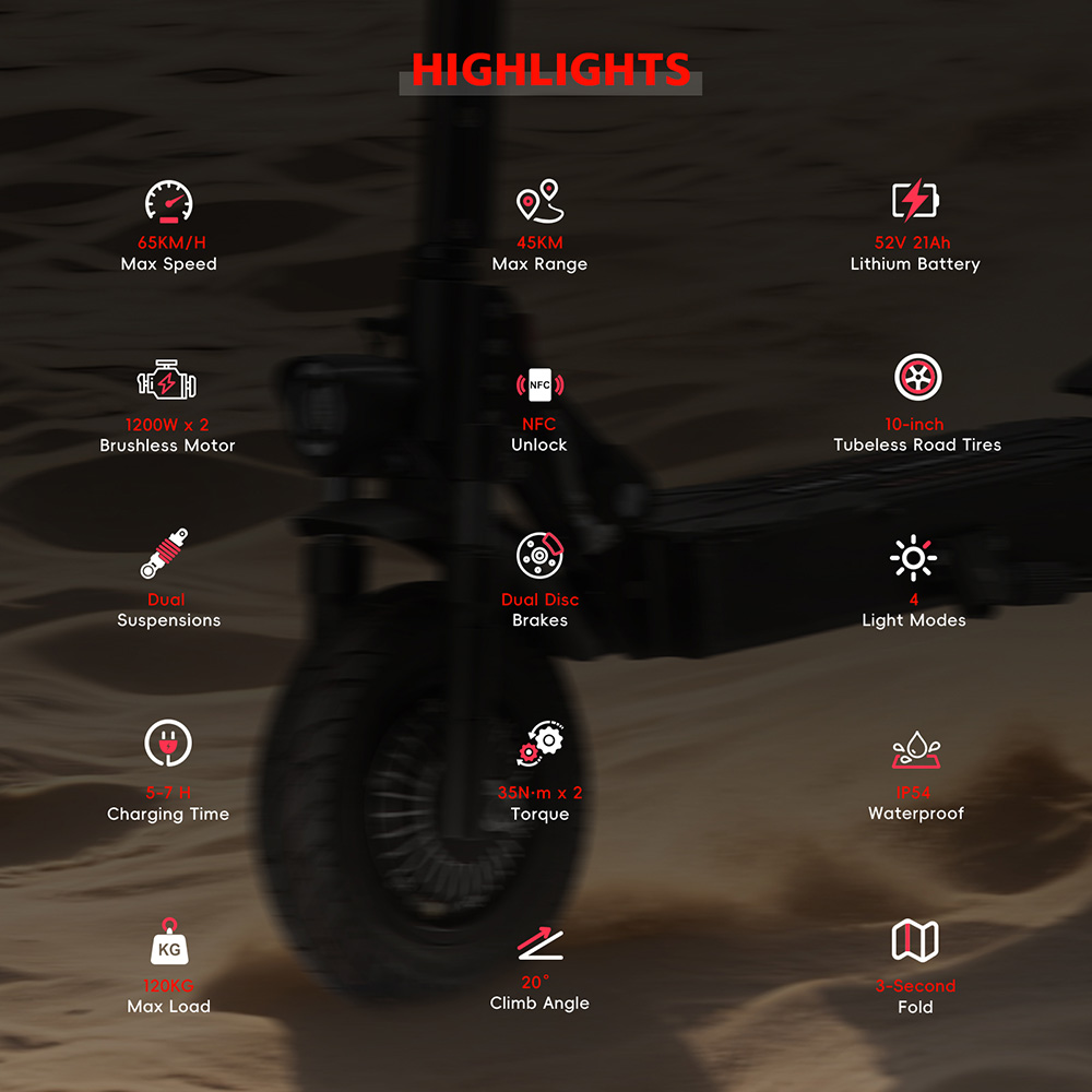 Halo Knight T104 Electric Scooter 1200W*2 Motor 52V 21Ah Battery 10 inch Tires 65km/h Max Speed 45km Range Front
