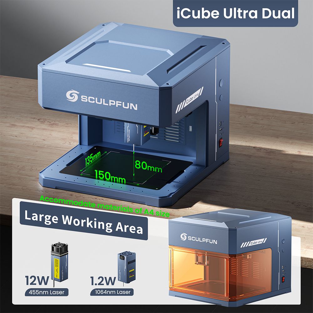 SCULPFUN iCube Ultra Dual 12W 1 2W Laser Engraver 10000mm/min Speed 150x135mm Working Area Built-in Smoke Filter 4 Light Mo
