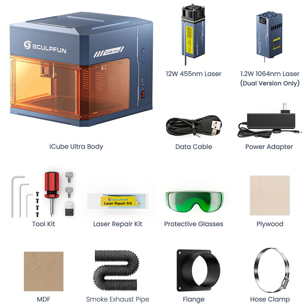 SCULPFUN iCube Ultra Dual 12W 1 2W Laser Engraver 10000mm/min Speed 150x135mm Working Area Built-in Smoke Filter 4 Light Mo