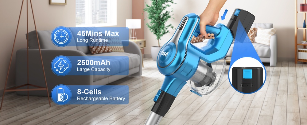 INSE S62 Cordless Stick Vacuum 30kPa Powerful Suction 45 Min Runtime LED Headlights 5-Stage HEPA