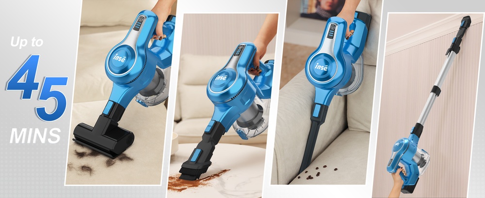 INSE S62 Cordless Stick Vacuum 30kPa Powerful Suction 45 Min Runtime LED Headlights 5-Stage HEPA