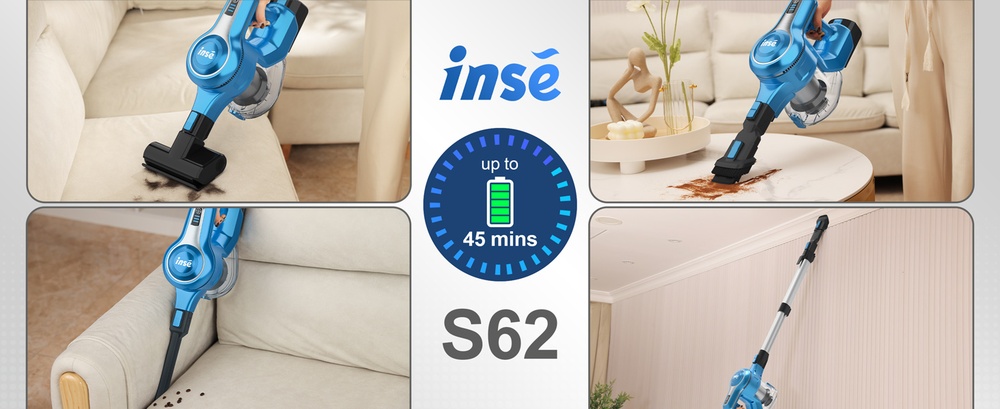INSE S62 Cordless Stick Vacuum 30kPa Powerful Suction 45 Min Runtime LED Headlights 5-Stage HEPA