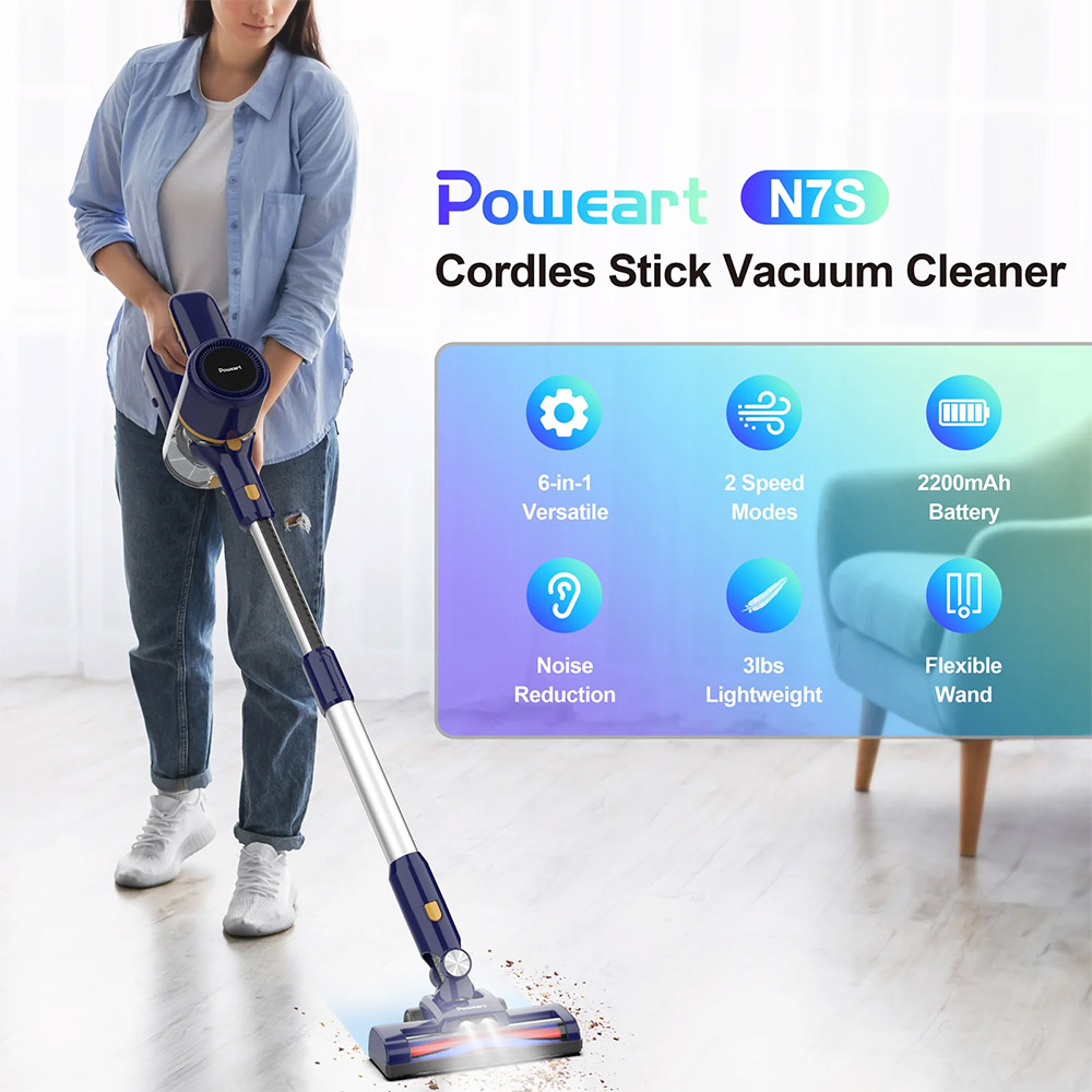 Powaert N7S Cordless Stick Vacuum 6-Cell Battery 99% HEPA Filter LED Power Brush for Pet Hair Carpet Floor