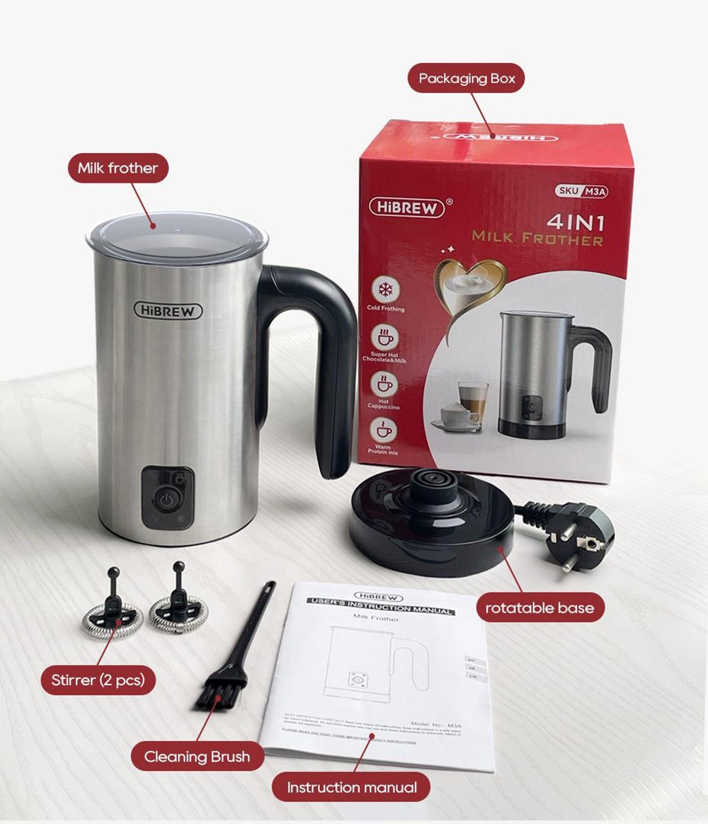 HiBREW M3A 4 in 1 Milk Frother Foamer Fully Automatic Milk Warmer Cold/Hot Frothing 130ml Frothing Capacity