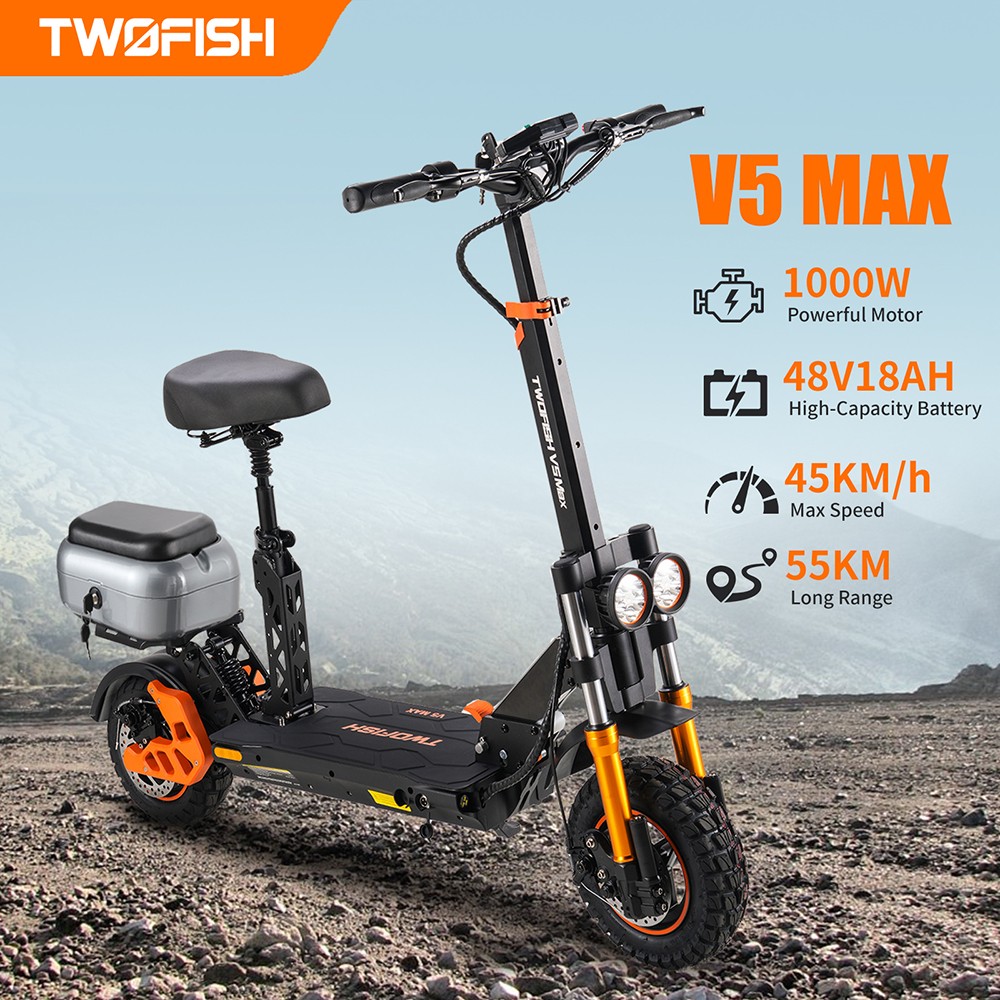 TWOFISH V5 MAX Electric Scooter with Seat  800W Motor  48V 18Ah Battery  Front 11 inch