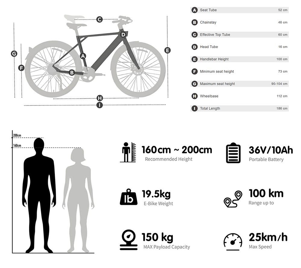 PIXAR S900 Electric Bike 250W Motor 36V 10Ah Battery 700*45C Tires 25km/h Max Speed 100km Range Hydraulic Disc Brake - Wh