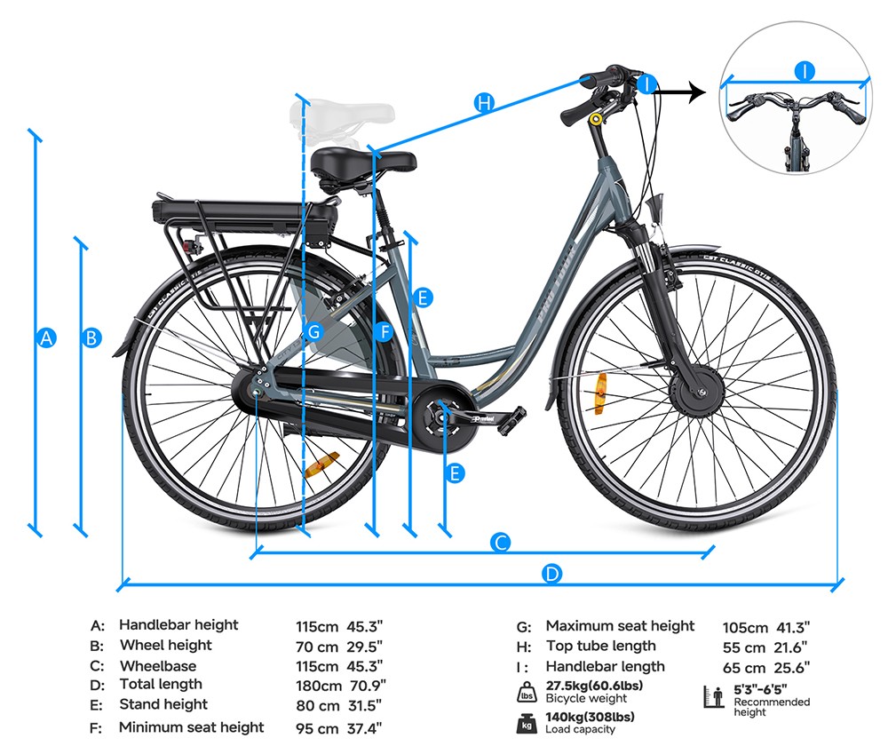 CITY 1 3-18 Electric Bike 250W Motor 37V 14Ah Battery 700*40C Tires 25km/h Max Speed 45km Range Front