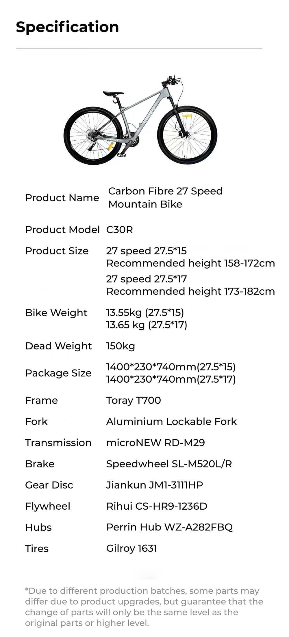 GELEIPU C30R-15 Carbon Fiber Bike 27 5 inch Tires Front
