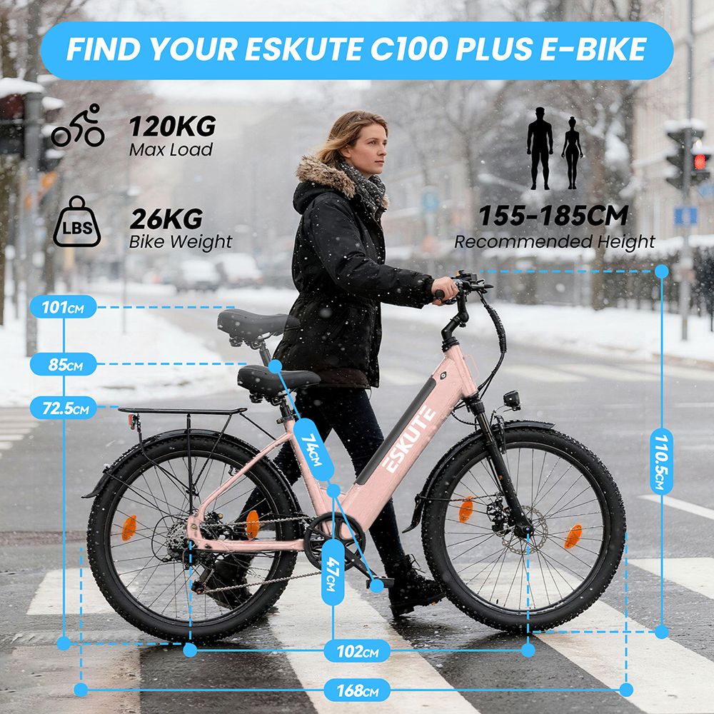 ESKUTE C100 Plus Electric Bike 250W Motor 36V 13Ah Battery 26 inch Tires 25km/h Max Speed 100km Range Shimano 7-speed LC