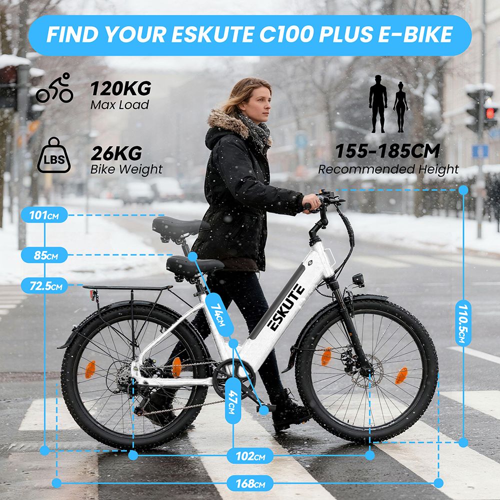 ESKUTE C100 Plus Electric Bike 250W Motor 36V 13Ah Battery 26 inch Tires 25km/h Max Speed 100km Range Shimano 7-speed LC