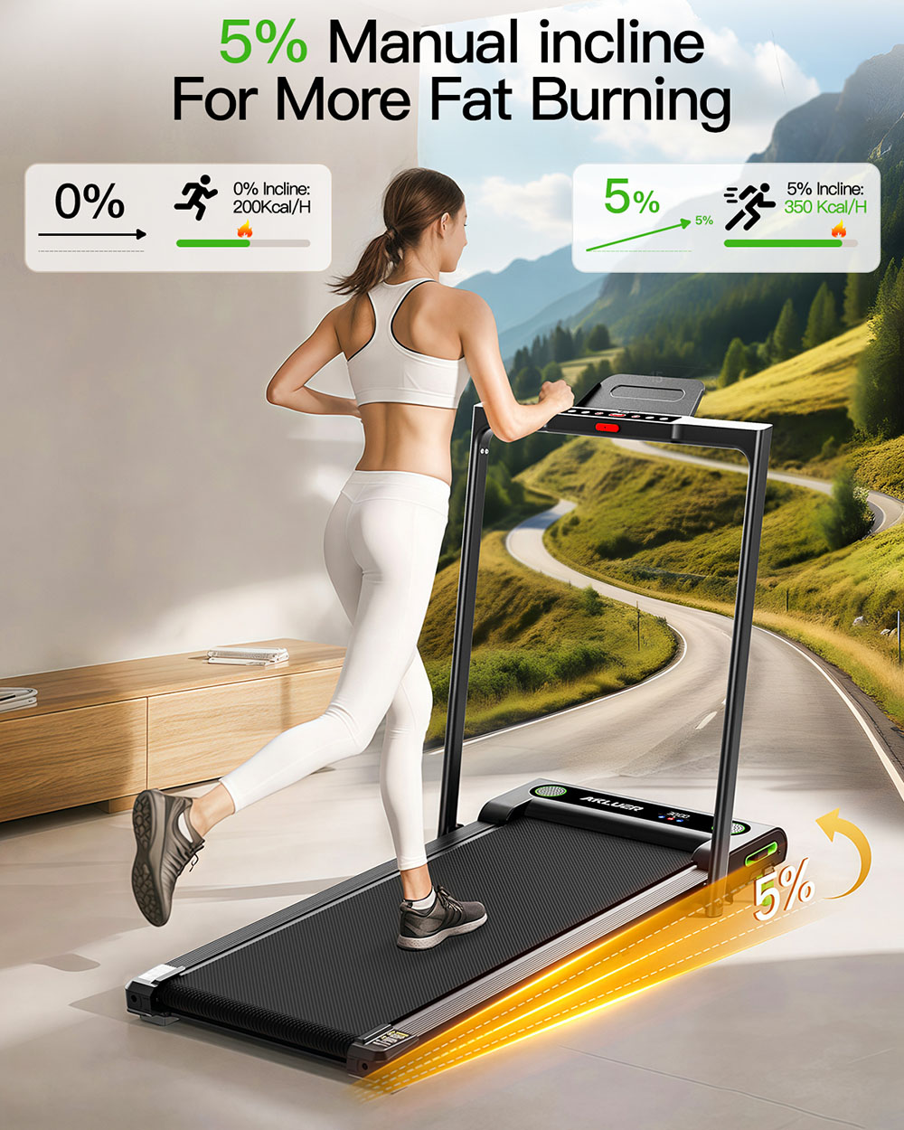 Akluer 480L-B Incline Walking Pad with Foldable Handle  2 5HP Quiet Motor  LED Screen