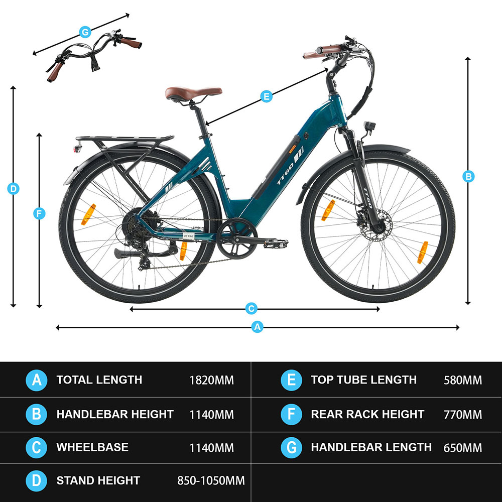 TTGO C3 Pro Electric Bike 250W Motor 36V 20Ah Battery 28 inch Tires 25km/h Max Speed 120km Max Range Hydraulic Disc Brake