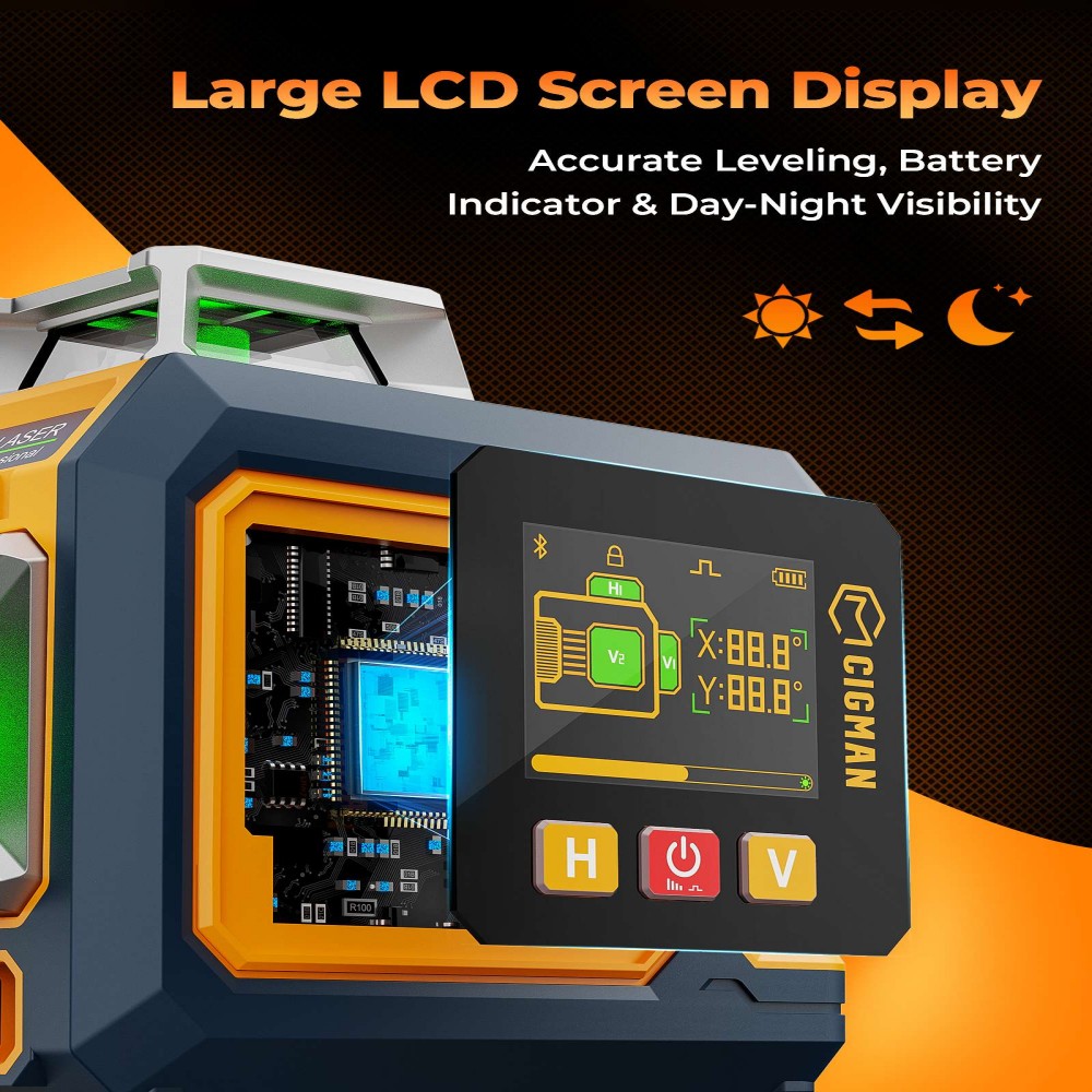 CIGMAN CM-S03 12-Line Laser Level with LCD Display  3×360° Green Beam  ±1 5mm/5m High Accuracy  Auto-Leveling  2600mAhx2 Bat
