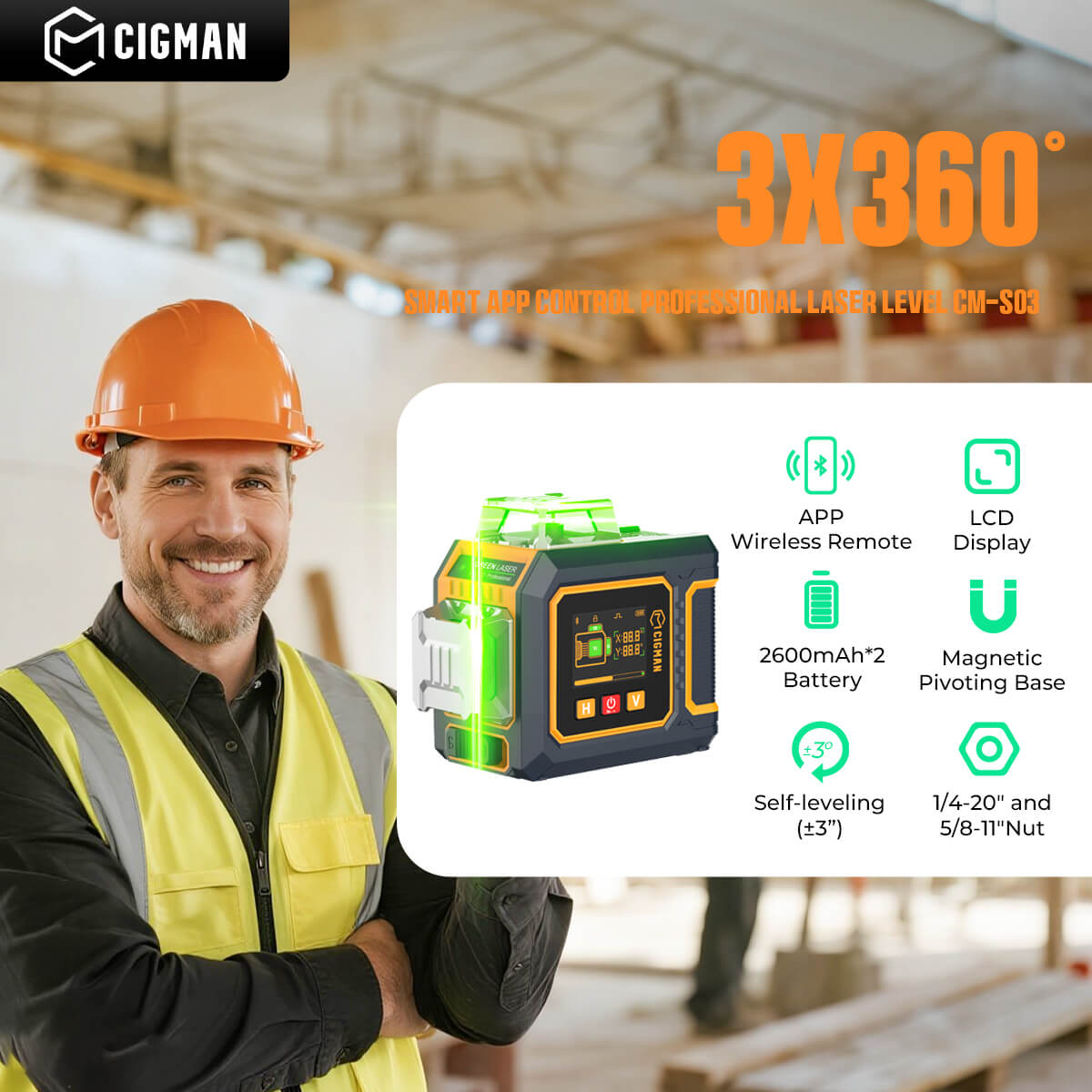 CIGMAN CM-S03 12-Line Laser Level with LCD Display  3×360° Green Beam  ±1 5mm/5m High Accuracy  Auto-Leveling  2600mAhx2 Bat