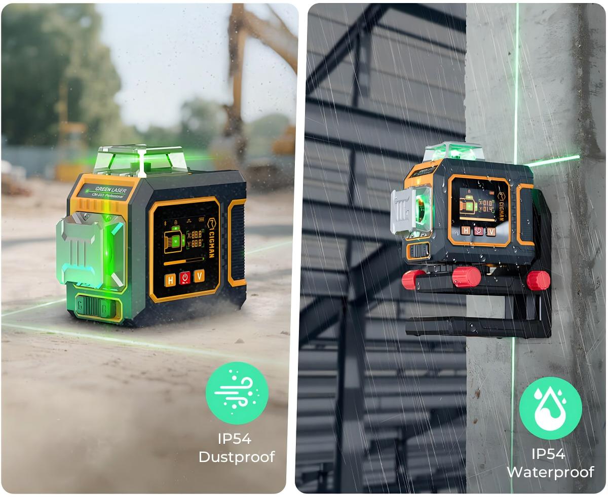 CIGMAN CM-S03 12-Line Laser Level with LCD Display  3×360° Green Beam  ±1 5mm/5m High Accuracy  Auto-Leveling  2600mAhx2 Bat