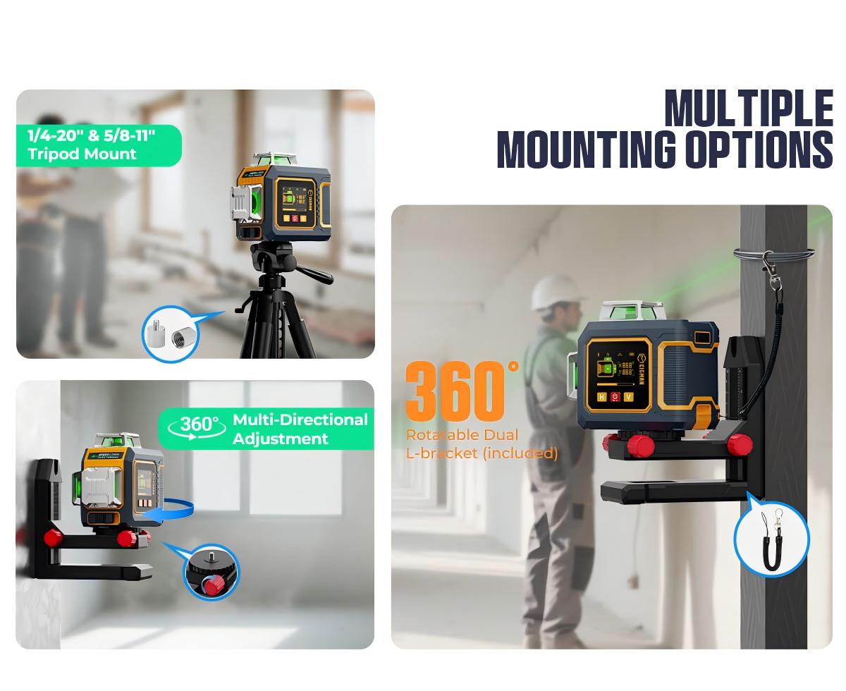 CIGMAN CM-S03 12-Line Laser Level with LCD Display  3×360° Green Beam  ±1 5mm/5m High Accuracy  Auto-Leveling  2600mAhx2 Bat