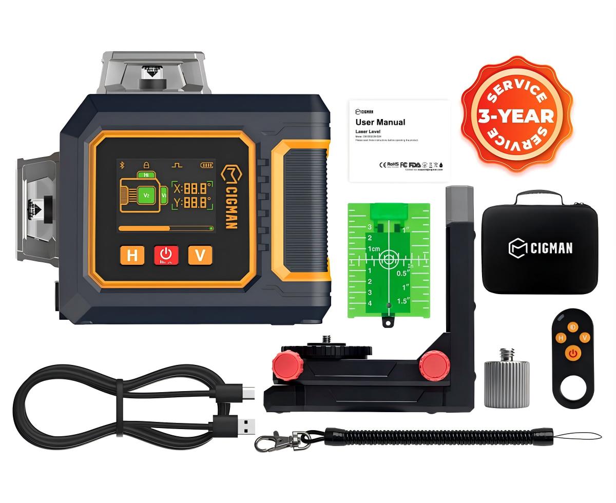 CIGMAN CM-S03 12-Line Laser Level with LCD Display  3×360° Green Beam  ±1 5mm/5m High Accuracy  Auto-Leveling  2600mAhx2 Bat
