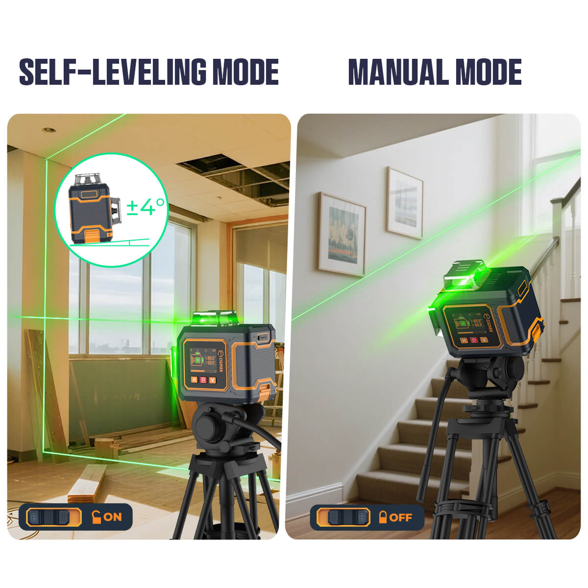 CIGMAN CM-S03 12-Line Laser Level with LCD Display  3×360° Green Beam  ±1 5mm/5m High Accuracy  Auto-Leveling  2600mAhx2 Bat