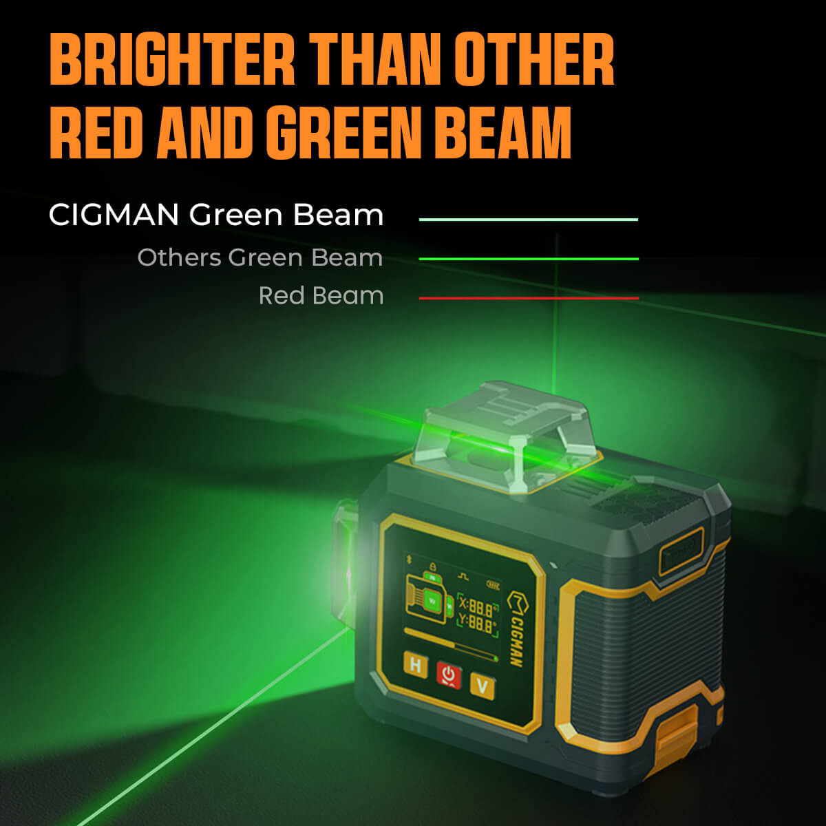 CIGMAN CM-S03 12-Line Laser Level with LCD Display  3×360° Green Beam  ±1 5mm/5m High Accuracy  Auto-Leveling  2600mAhx2 Bat
