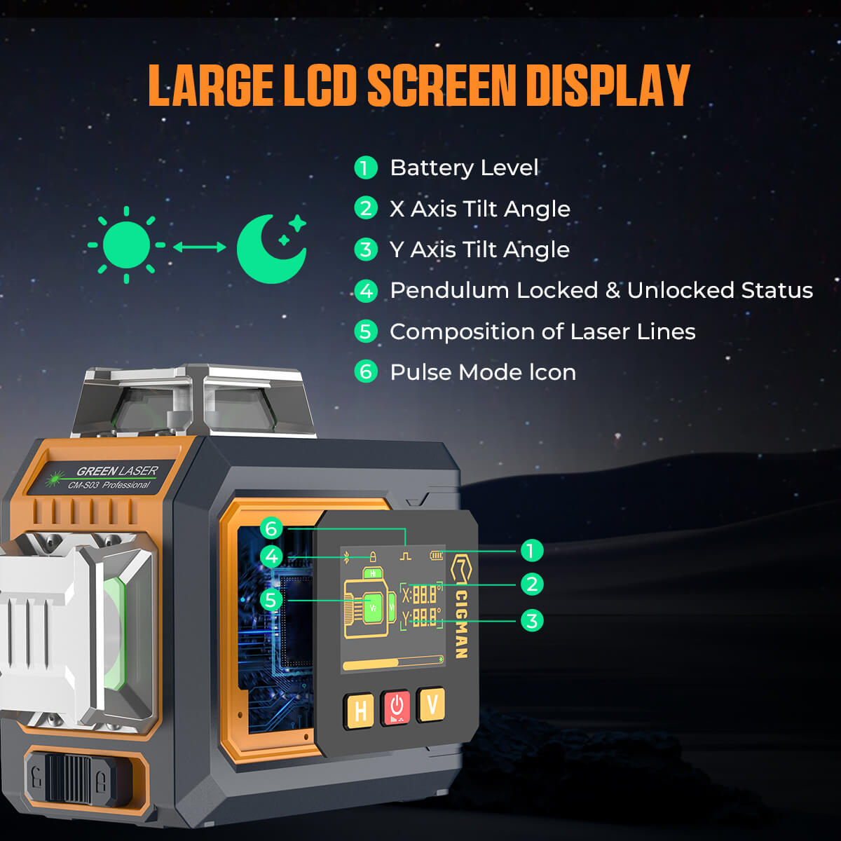 CIGMAN CM-S03 12-Line Laser Level with LCD Display  3×360° Green Beam  ±1 5mm/5m High Accuracy  Auto-Leveling  2600mAhx2 Bat