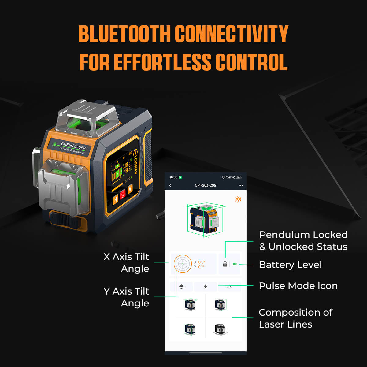 CIGMAN CM-S03 12-Line Laser Level with LCD Display  3×360° Green Beam  ±1 5mm/5m High Accuracy  Auto-Leveling  2600mAhx2 Bat