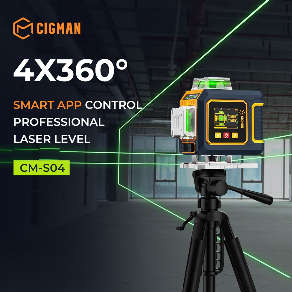 CIGMAN CM-S04 16-Line Laser Level with LCD Display  4×360° Green Beam  ±1 5mm/5m High Accuracy  Auto-Leveling  2600mAhx2 Bat