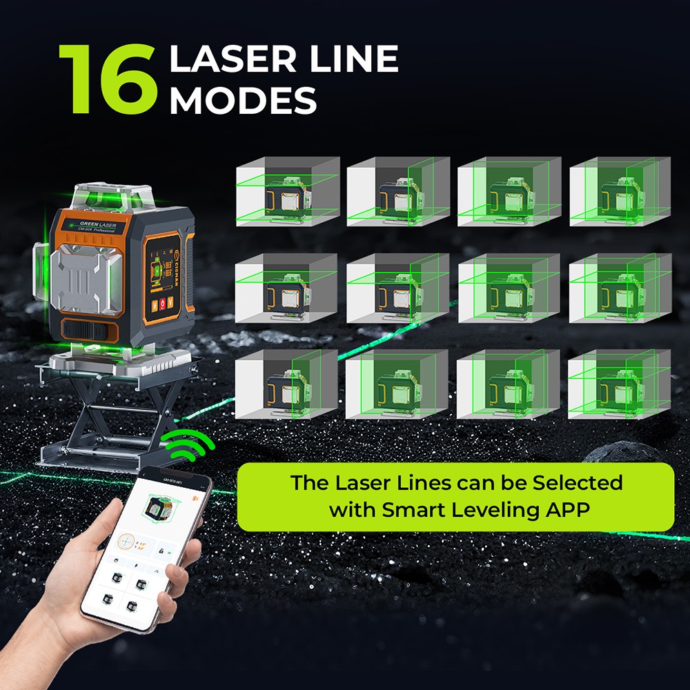 CIGMAN CM-S04 16-Line Laser Level with LCD Display  4×360° Green Beam  ±1 5mm/5m High Accuracy  Auto-Leveling  2600mAhx2 Bat