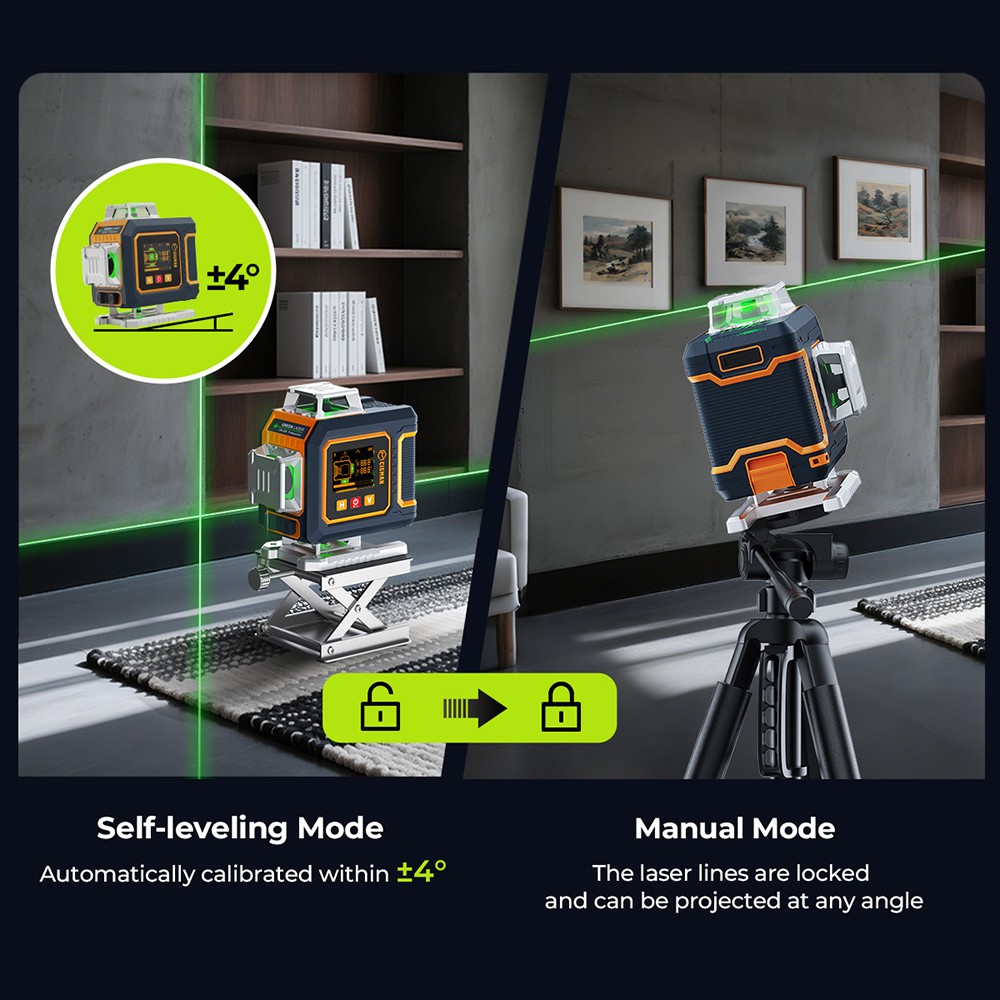CIGMAN CM-S04 16-Line Laser Level with LCD Display  4×360° Green Beam  ±1 5mm/5m High Accuracy  Auto-Leveling  2600mAhx2 Bat