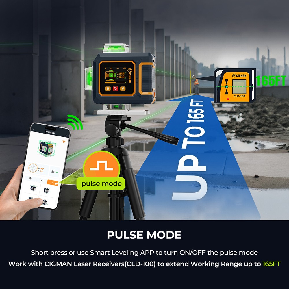 CIGMAN CM-S04 16-Line Laser Level with LCD Display  4×360° Green Beam  ±1 5mm/5m High Accuracy  Auto-Leveling  2600mAhx2 Bat
