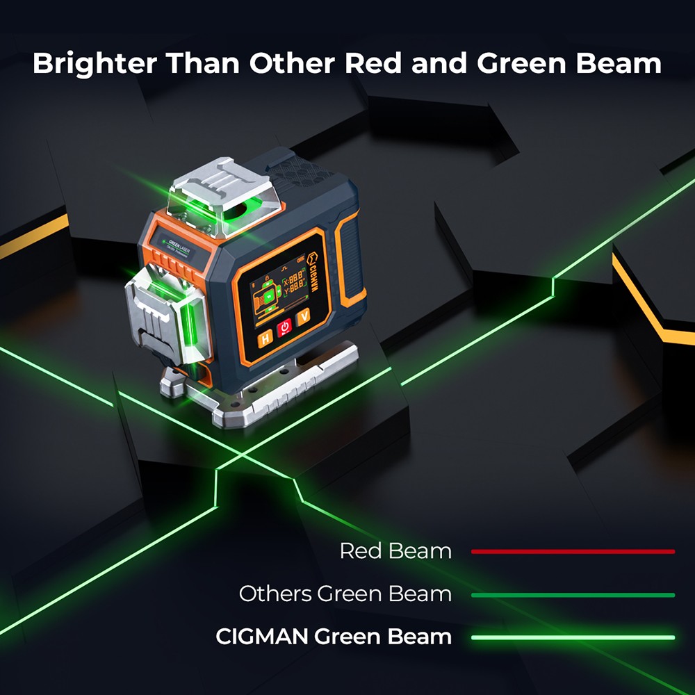 CIGMAN CM-S04 16-Line Laser Level with LCD Display  4×360° Green Beam  ±1 5mm/5m High Accuracy  Auto-Leveling  2600mAhx2 Bat