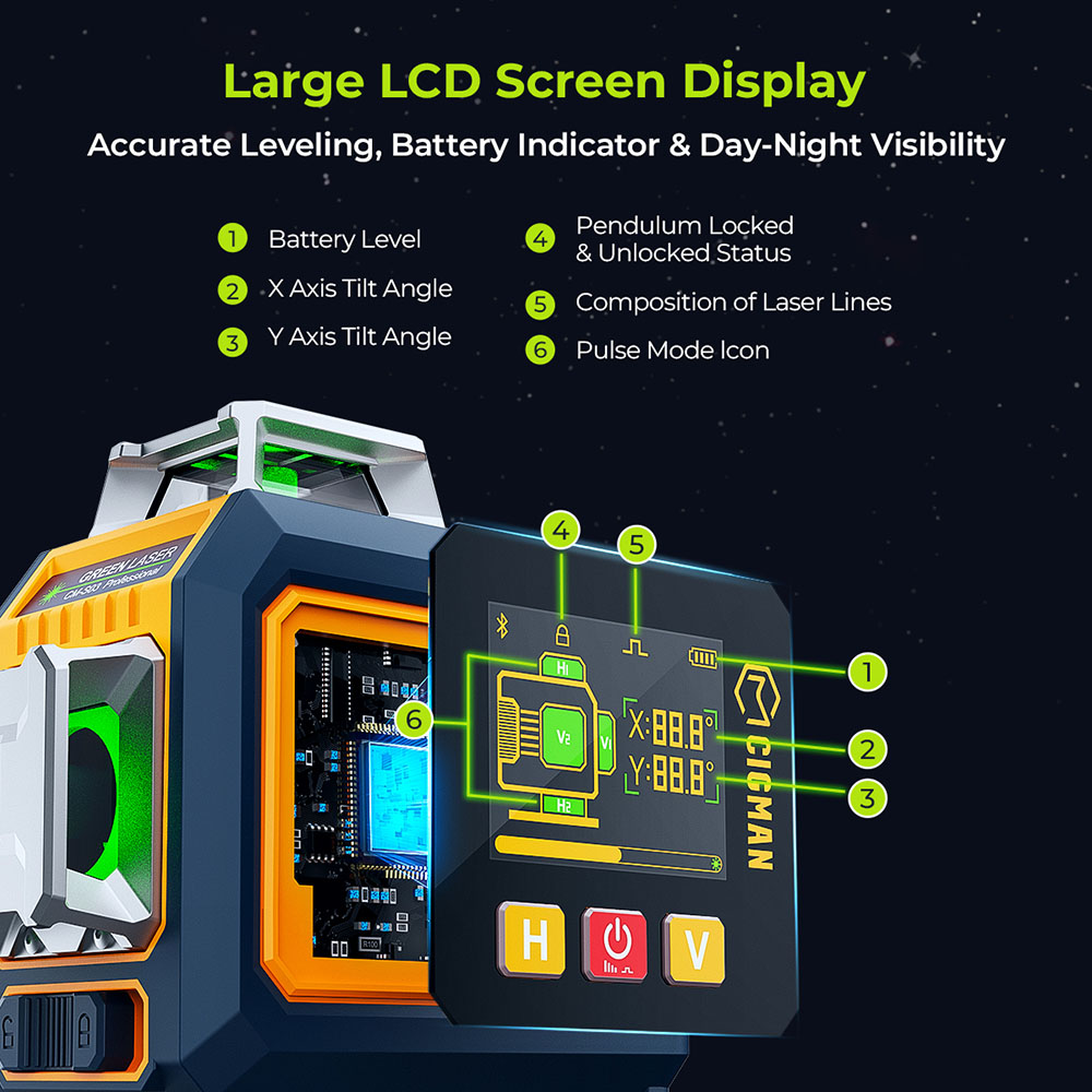 CIGMAN CM-S04 16-Line Laser Level with LCD Display  4×360° Green Beam  ±1 5mm/5m High Accuracy  Auto-Leveling  2600mAhx2 Bat
