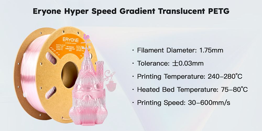 ERYONE High Speed Translucent Gradient Multi-Color PETG Filament  1kg - Light Blue