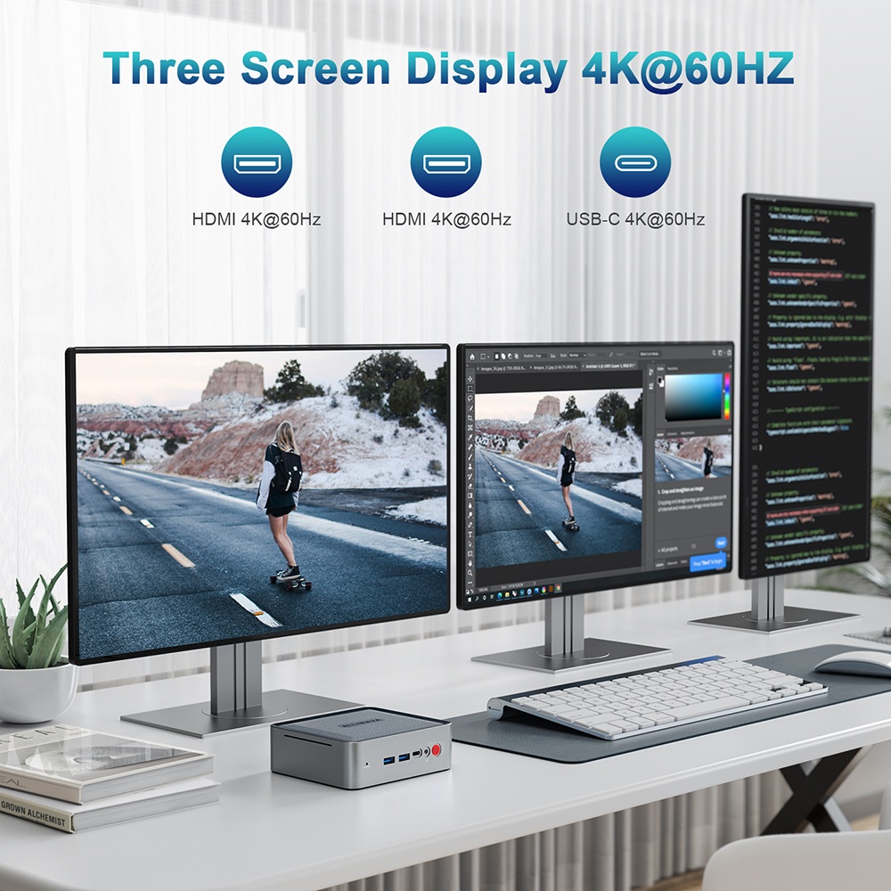 ALLIWAVA U58 Mini PC  AMD Ryzen 7 5825U 8 Cores Max 4 5GHz  16GB RAM 512GB SSD  2*HDMI USB-C 4K@60Hz Three Screen Display  WiFi