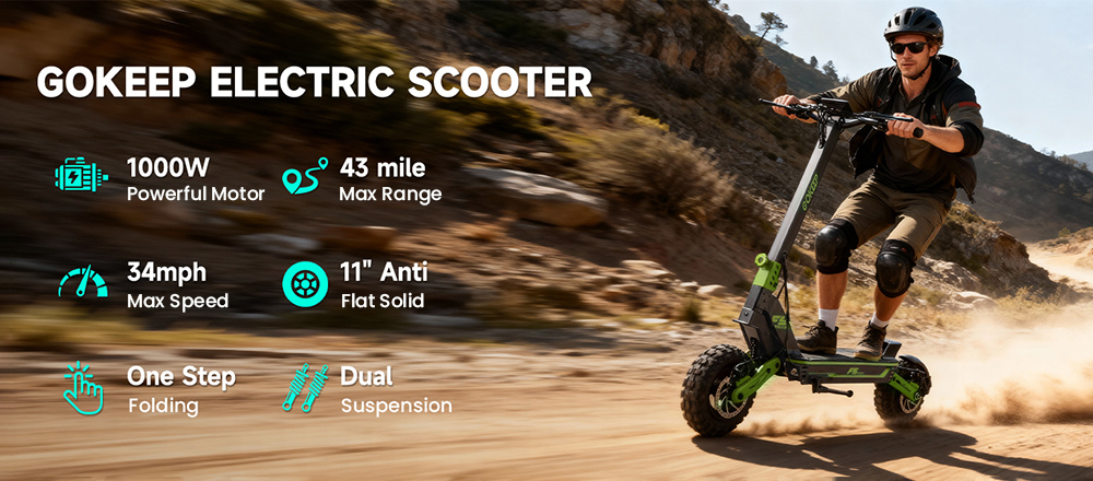 GOKEEP F5 Electric Scooter 1000W Motor 52V 20Ah Battery 11 inch Tires 55km/h Max Speed 80km Max Range Front