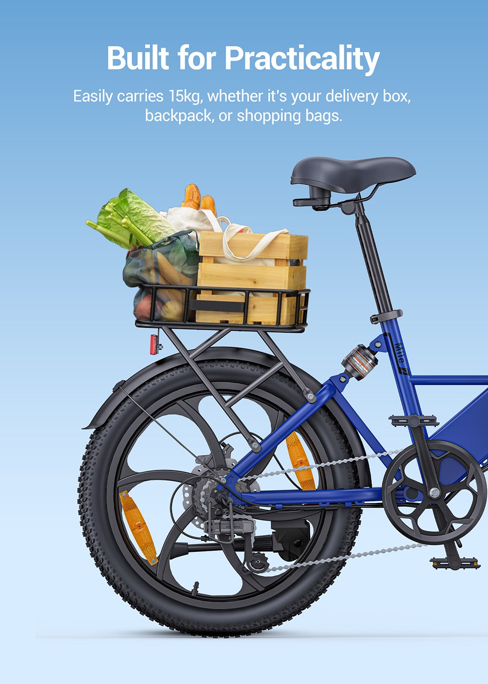 HillMiles Mile 2 Electric Bike 250W Motor 36V 13Ah Battery 100km Range 20*3 inch Tires Dual Hydraulic Brakes - Blue
