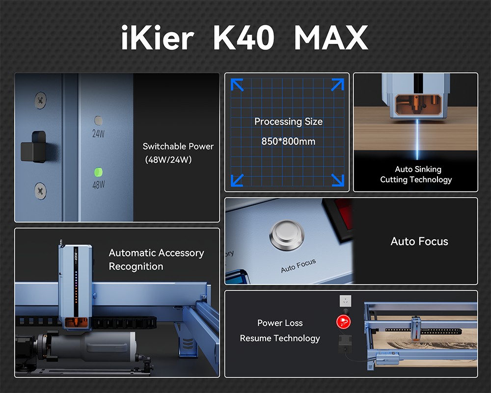 IKIER K40 MAX 40W Laser Engraver  850×800mm Large Area  600mm/s High-Speed  0 01mm Precision  Dual Gear Laser  0 08×0 1mm Ult